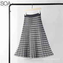 Women knitwear dress sweater houndstooth pleated midi skirt